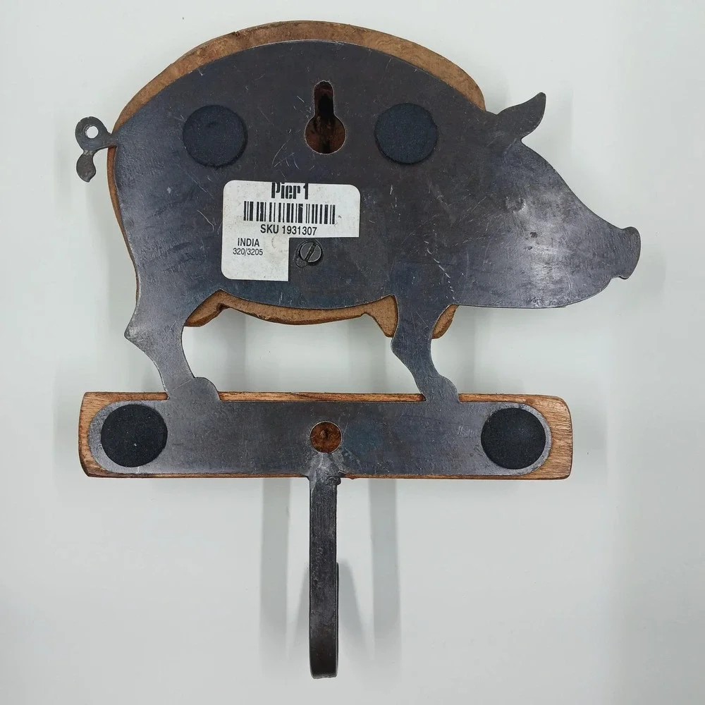 Pier 1 Pig Wall Hook Rustic Wood Metal Farmhouse Kitchen Towel‎ Coat Hanger Bath